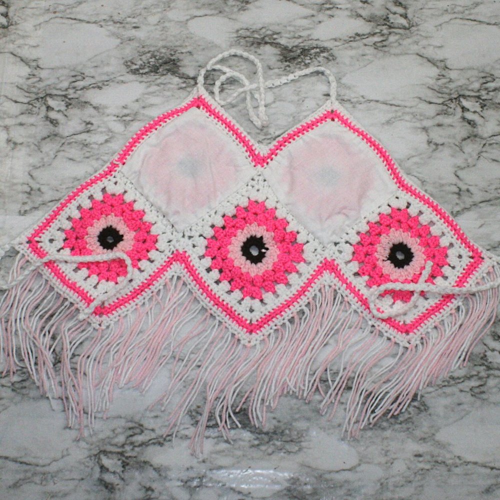 HAND CRAFTED Crop Top Sunflower Crochet Fringe Granny Square Pink Various - Picture 6 of 16